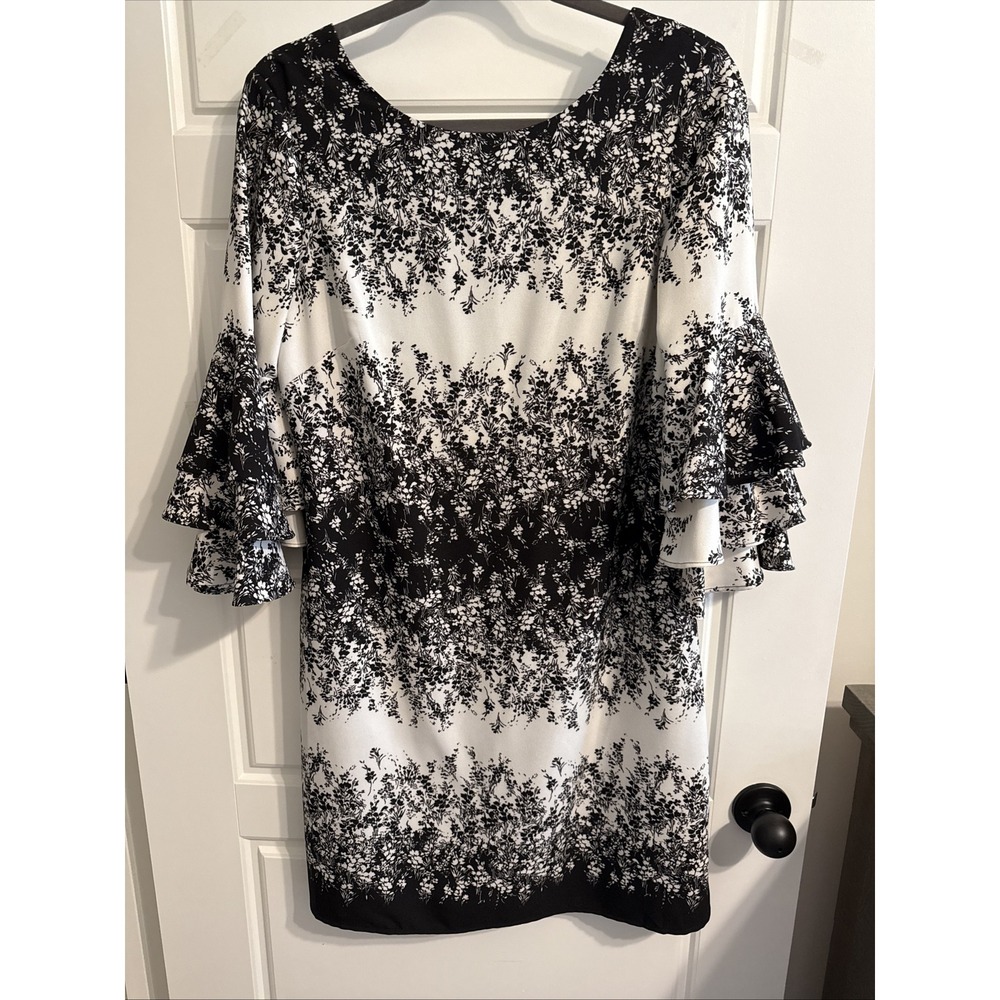 LF Leslie Fay Womens Dress Size 6 Black White‎ Floral 3/4 Sleeve Knee Length